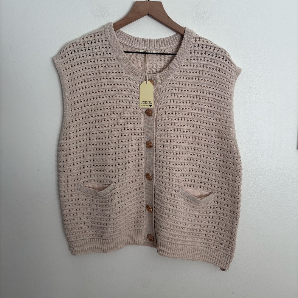 JODIFL Knit Soft Chic Elegant Button Up Beige Sweater Vest Women’s Large NWT